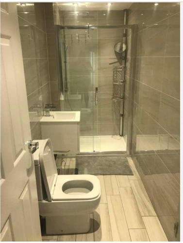 Walton on the HillThe Bungaloaf的浴室配有白色卫生间和淋浴。