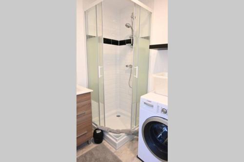 Villeneuve-sous-DammartinTRAVEL Appartement 10mn Aeroport CDG的带淋浴的浴室内的洗衣机