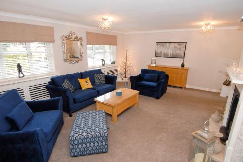 威姆斯洛Wilmslow Airbnb的客厅配有蓝色的沙发和电视
