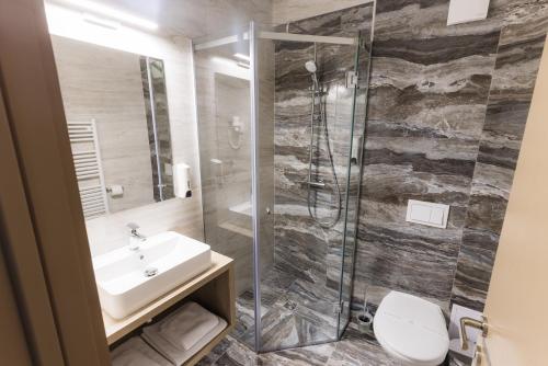 MartinieNedei Hotel&Spa Transalpina的一间带水槽和淋浴的浴室