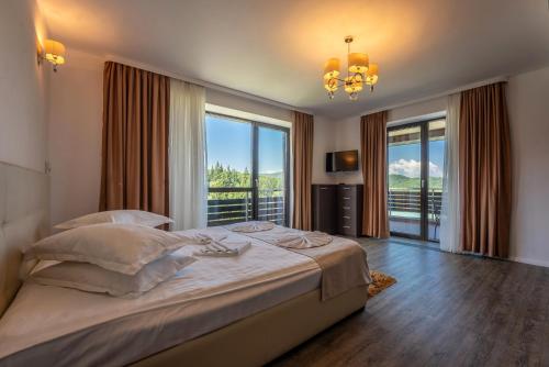 波亚纳布拉索夫SILVER MOUNTAIN - ANA'S Apartments的一间卧室设有一张大床和大窗户