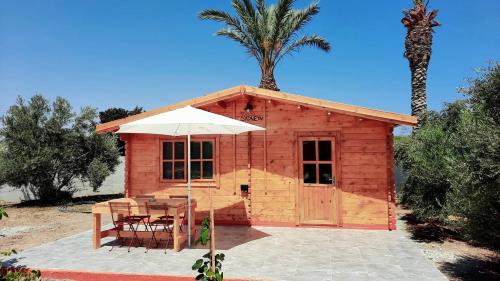 Ayios TheodhorosCyprus Glamping Park的小屋配有桌子和雨伞。