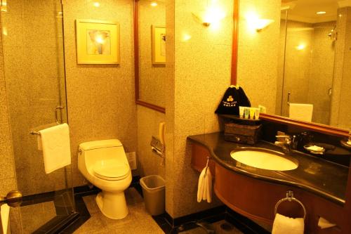 北京首都宾馆（原首都大酒店）的一间带卫生间、水槽和镜子的浴室