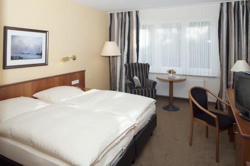 Fahrdorf施莱嘉尼河畔酒店的酒店客房配有一张床、一张书桌和一台电视。