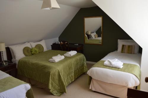 因弗鲁里Bennachie Lodge Hotel in Kemnay的一间卧室配有两张床和镜子
