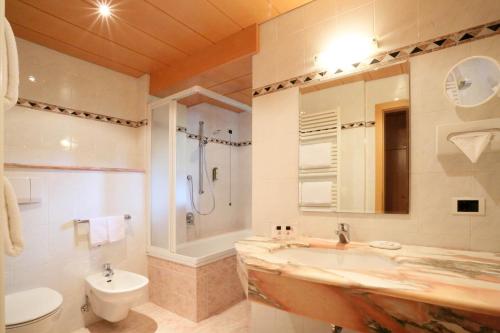 塞尔瓦迪加尔代纳山谷康多尔酒店的一间带水槽、淋浴和卫生间的浴室