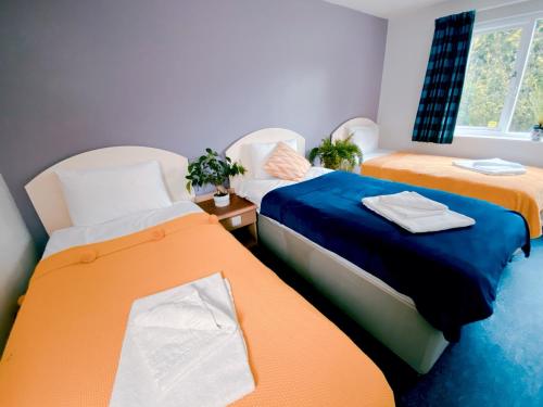 鲍尔多克日德维恩斯鲍多克小屋酒店的橙色和蓝色的客房内的两张床
