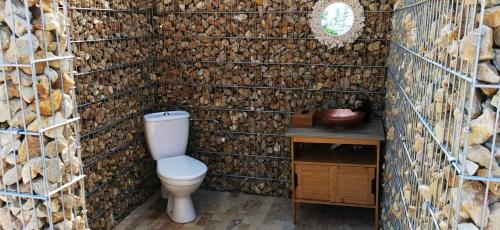 图兹拉Luna Glamping的一间带卫生间和木墙的浴室