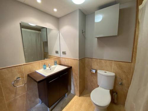 韦尔瓦Apartamento Playa Marina Particular Isla Canela的一间带卫生间、水槽和镜子的浴室