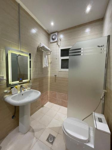 麦地那Rawaes Hotel的一间带水槽、卫生间和淋浴的浴室