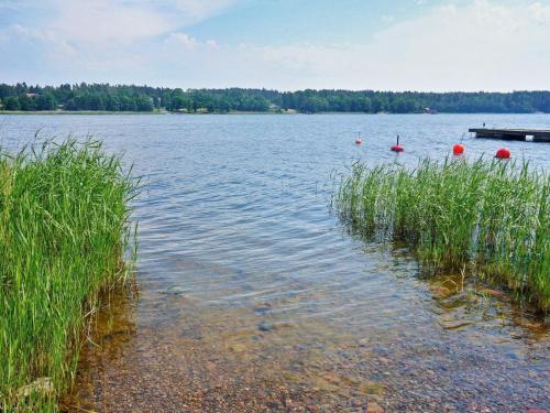 Hallstavik5 person holiday home in HALLSTAVIK的一大片水体,有高大的草和码头
