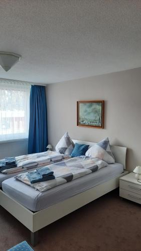 达沃斯Holiday accommodation - swimming pool available的一间卧室配有一张带蓝色窗帘的大床