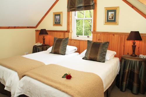 斯泰伦博斯埃弗格林旅馆的配有两张床铺的房间,里面装有两盏灯和一根红苹果