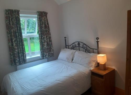 KinnittyPrimrose Cottage的一间卧室配有一张带灯和窗户的床