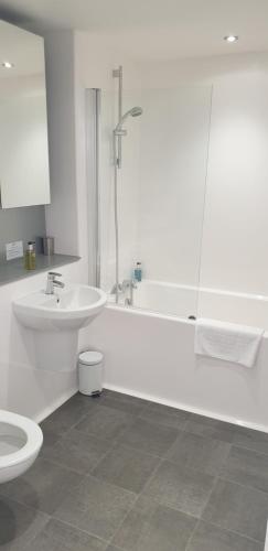 曼彻斯特Quay Apartments Exchange Quay的一间带水槽、浴缸和卫生间的浴室