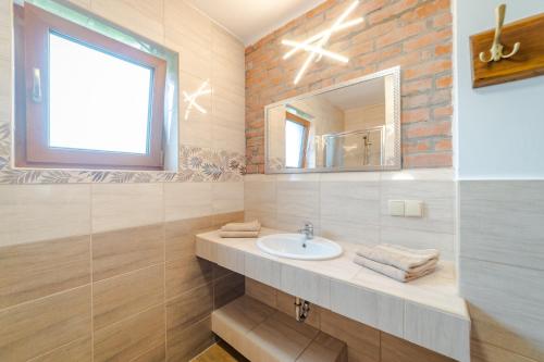 米科瓦伊基Mazurskie El Dorado的一间带水槽和镜子的浴室