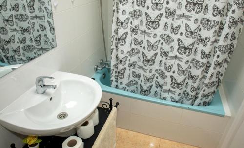 塔韦尔纳斯Alojamiento las Dunas的浴室设有水槽和带蝴蝶的浴帘