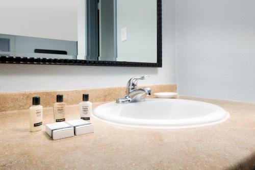 华盛顿常春藤城市酒店的浴室水槽配有三瓶肥皂和镜子