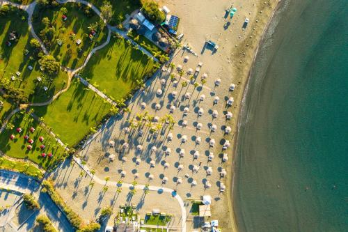 利马索尔圣拉弗尔度假村的海滩上带遮阳伞的停车场的顶部景色