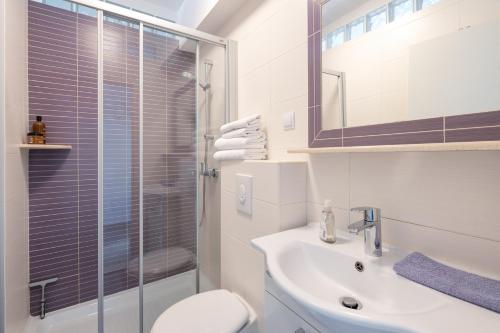 杜布罗夫尼克Teranino Apartment的浴室配有卫生间、盥洗盆和淋浴。