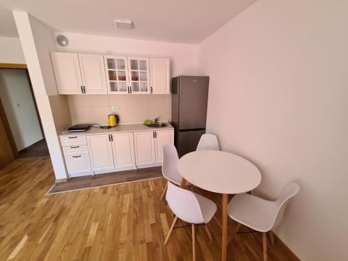 索科矿泉村Apartman Jelena Sokobanja的厨房配有桌椅和冰箱。