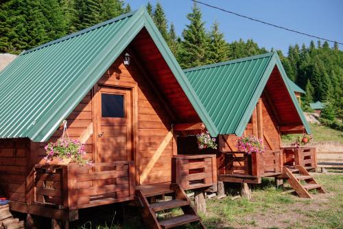 科拉欣Komovi - Kobil Do Guesthouse的小木屋设有绿色屋顶和2扇窗户