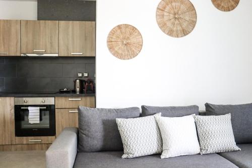 斯基亚索斯镇Vabel Skiathos的一间带灰色沙发的客厅和一间厨房