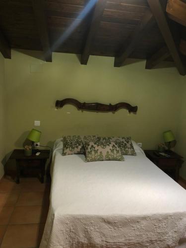 马尔帕尔蒂达德卡塞雷斯Hostal La Caballeriza的一间卧室配有一张白色的床和两张带台灯的桌子。