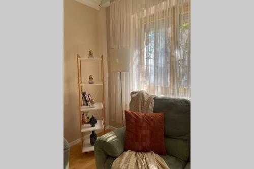 普里什蒂纳Cozy apartment in the center of Prishtina的客厅设有绿椅和窗户