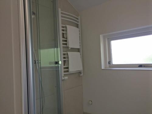 米泽尔法特Villa Hassel的一间带玻璃淋浴和窗户的浴室