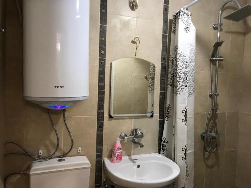 瓦尔纳Ssenyange Guest House的一间带水槽、镜子和卫生间的浴室