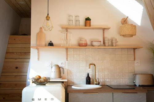 讷沙泰勒阿尔代洛Bain de forêt - Lodges Cosy & Spa的厨房配有水槽和冰箱