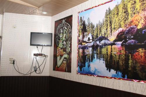 索兰Hotel Tip Top的墙上的电视,有两幅大画作