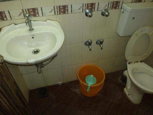 孟买Hotel Orient Palace的一间带水槽、卫生间和水桶的浴室