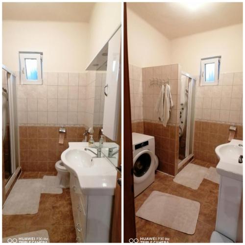 豪伊杜索博斯洛Vida vendégház的浴室设有水槽和卫生间,两幅图片
