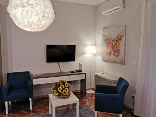 贝尔格莱德Apartman Jovana 2的客厅配有2把蓝色椅子和电视