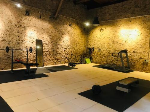 Olonzac旅行者住宿加早餐旅馆的砖墙内带有重量和健身器材的健身房