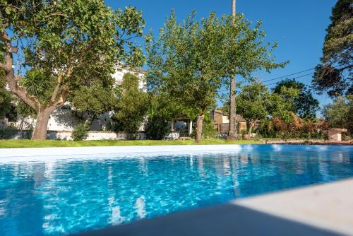 科孚镇Archontiko Petrettini Boutique Hotel的拥有蓝色海水和树木的游泳池