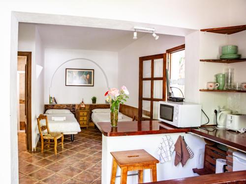 圭哈尔谢拉Casa Rural Alba Montis的厨房以及带桌子和台面花卉的客厅。