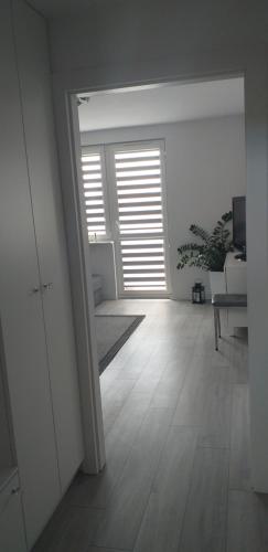 埃尔布隆格Apartament WIK-MAR的客房设有带窗户和木地板的走廊。