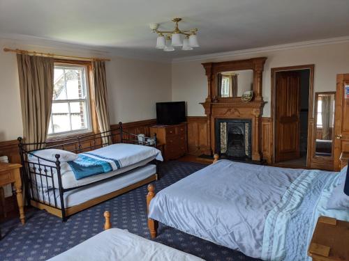 马基特威顿The Londesborough Arms bar with en-suite rooms的一间卧室设有两张床和一个壁炉