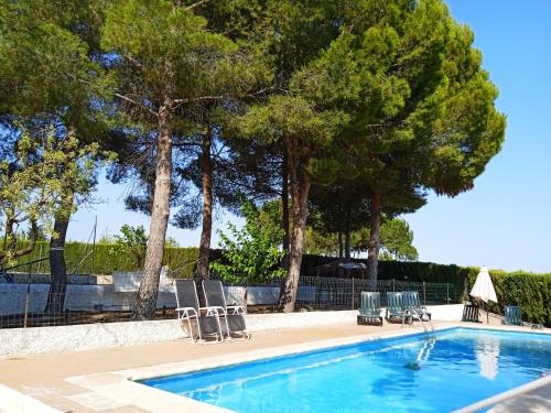 Barranda埃尔佐罗酒店的一个带草坪椅和树木的游泳池