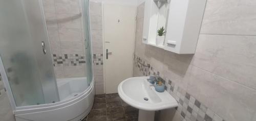 特罗吉尔Apartmani Matea的白色的浴室设有水槽和淋浴。