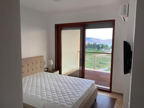 巴尔Bitcoin and Ethereum Deluxe Apartments的一间卧室设有一张床和一个大窗户