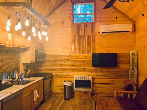 橡树岭windrock ridge - Liahn的一间带木墙的厨房和一台墙上的电视