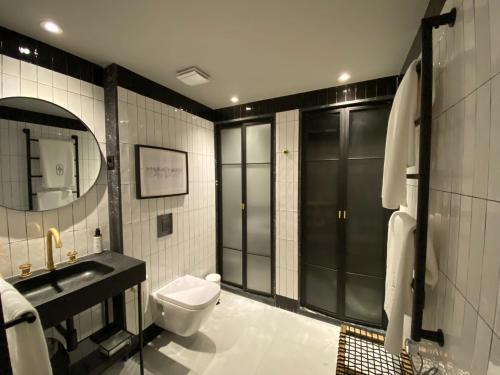 拉科鲁尼亚housingcoruña ART的一间带卫生间、水槽和镜子的浴室