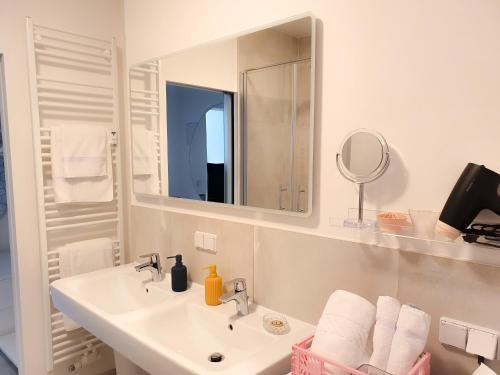 森夫滕贝格PB Ferienwohnungen - FeWo 6 - Stilvoll eingerichtetes Apartment im Herzen Senftenbergs的白色的浴室设有水槽和镜子