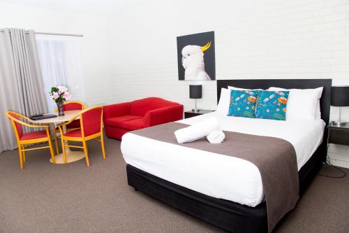 奥尔伯里Crystal Fountain Motel Albury的一间卧室配有一张大床和一张红色椅子