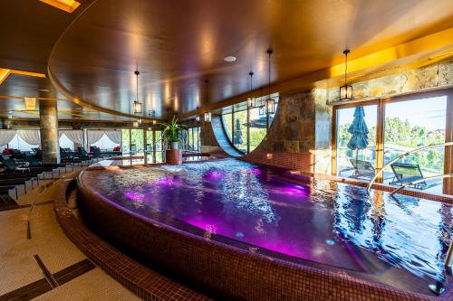 埃格尔Allure Healthy Hotel & Spa的一座建筑中带紫色灯的大型室内游泳池