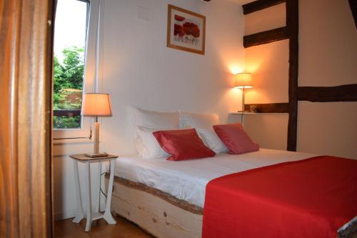 贝格海姆Gites Aux Fines Bulles d'Alsace SPA privatif en supplément的一间卧室配有一张带红色枕头的床和一扇窗户